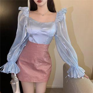 Ruffle Trim Blouse / Faux Leather A-line Skirt