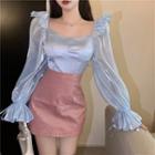 Ruffle Trim Blouse / Faux Leather A-line Skirt