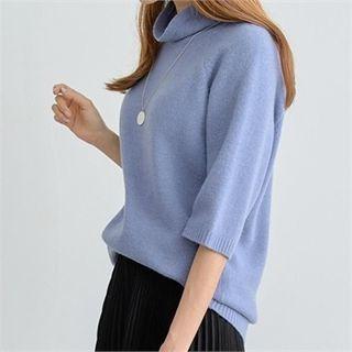 Mock-neck 3/4-sleeve Wool Blend Knit Top