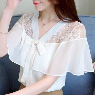 Lace Yoke Tie-front Blouse