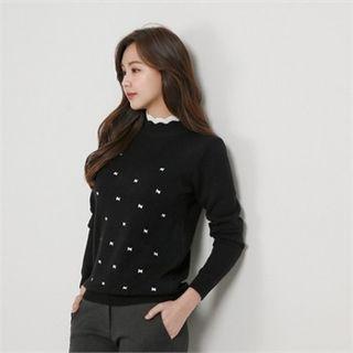 Frill-neck Bow Patterned Knit Top