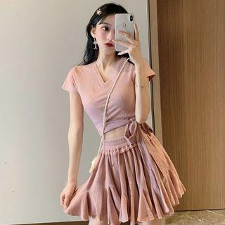 V-neck Short-sleeve Crop Top / Mini A-line Skirt