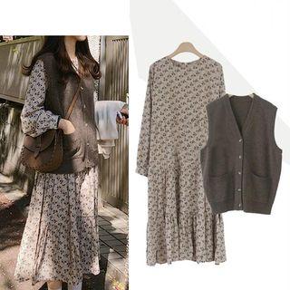 Set: Floral Print Midi Ruffle-hem Shift Dress + Button Sweater Vest