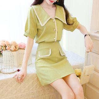Set: Elbow-sleeve Collared Top + Mini Skirt