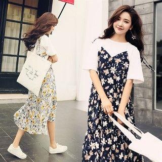 Set: Short-sleeve T-shirt + Floral Spaghetti Strap Dress