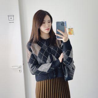 Crewneck Argyle Knit Cardigan Black - One Size