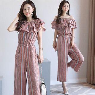 Off-shoulder Ruffle Striped Jumpsuit