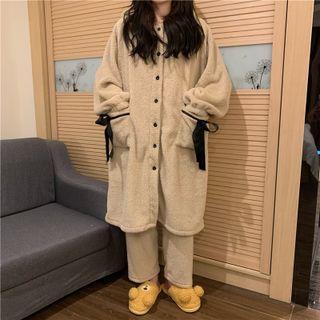 Fleece Oversized Pocket-detail Long-sleeve Top / Fleece High-waist Wide-leg Pants