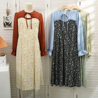 Patchwork Tie-neckline Floral Maxi Dress