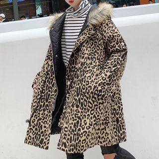 Furry-trim Leopard Print Zip Hooded Coat Coffee - One Size