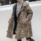 Furry-trim Leopard Print Zip Hooded Coat Coffee - One Size