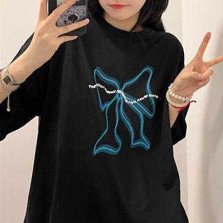 Short-sleeve Bow Printed Oversized T-shirt Black - One Size