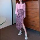 Crew-neck Oversize Long-sleeve T-shirt / Leopard Print Midi Straight-fit Skirt