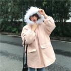 Furry-trim Hooded Jacket Pink - One Size