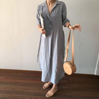 Elbow-sleeve Midi Shirt Dress With Sash