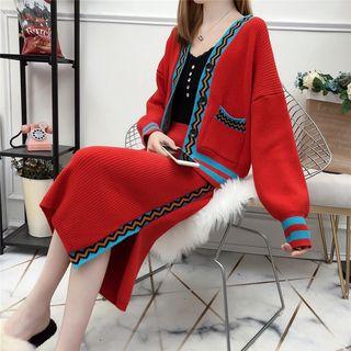 Set: Patterned Cardigan + Midi A-line Knit Skirt