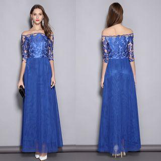 Elbow Sleeve Off-shoulder Lace Panel Evening Gown