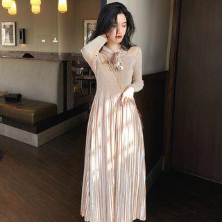 Long-sleeve Mesh Panel Pleated A-line Dress
