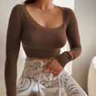 Long Sleeve Square-neck Ribbed-knit Crop Top