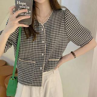 Elbow-sleeve Button-up Gingham Top Black - One Size