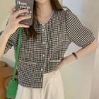 Elbow-sleeve Button-up Gingham Top Black - One Size