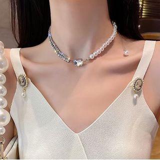 Rhinestone Faux Pearl Choker White & Silver - One Size