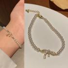 Rhinestone Bow Beaded Bracelet 1 Pc - White & Gold - One Size