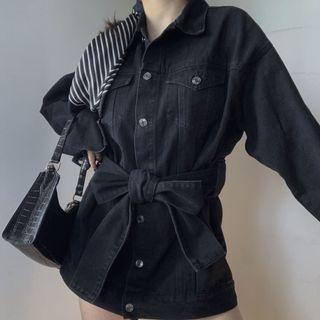 Tie-waist Denim Jacket Black - One Size