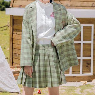 Embroidered Double-breasted Gingham Blazer / Pleated A-line Skirt