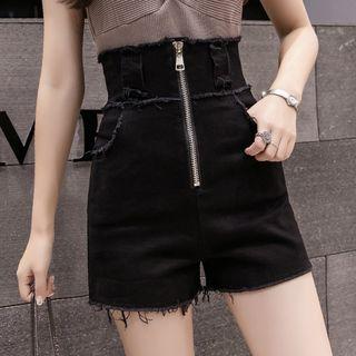 High-waist Zip Denim Shorts