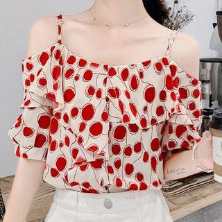 Cutout Shoulder Ruffle Trim Printed Chiffon Top