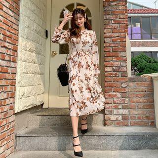 Frill-trim Crinkled Floral Long Dress