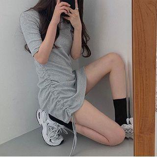 Short-sleeve Drawcord Mini Dress Gray - One Size
