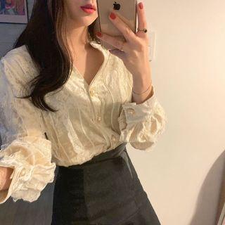 Long-sleeve Lace Panel Velvet Blouse