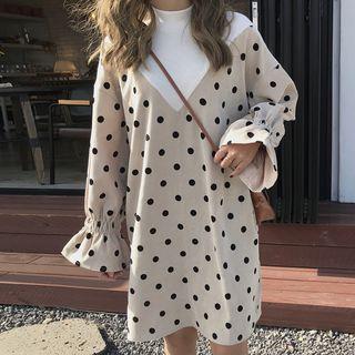 Mock Neck Color Panel Dotted Long-sleeve Shift Dress As Shown In Figure - One Size