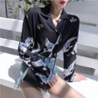 Crane Print Shirt Long Sleeve - Navy Blue - One Size