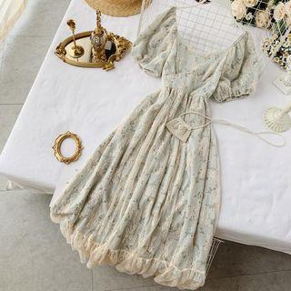 Short-sleeve Lace-overlay Floral Midi A-line Dress