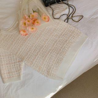 Elbow-sleeve Tweed Knit Top Ivory - One Size
