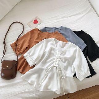 Plain Drawcord Ruffled-trim Chiffon Short-sleeve Blouse