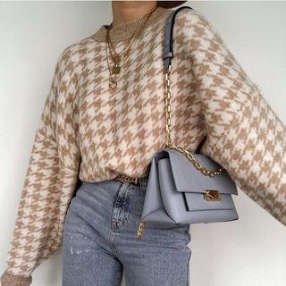 Plaid Print Long-sleeve Knit Sweater