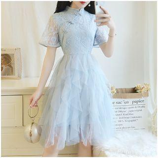Lace Short-sleeve Sheer A-line Dress