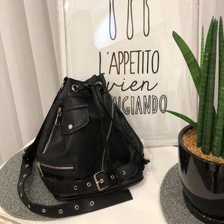 Belted Faux-leather Biker Bucket Bag