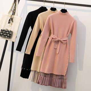 Set: Mock-neck Long Sweater + Pleated Midi Skirt