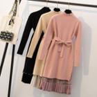 Set: Mock-neck Long Sweater + Pleated Midi Skirt