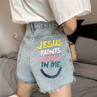 Print High-waist Denim Shorts