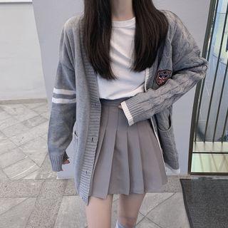 Set: Contrast Trim Cable-knit Cardigan + T-shirt + Pleated Skirt