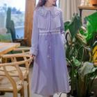 Set: Long-sleeve Embroidered Chiffon Midi Dress + Bead Belt