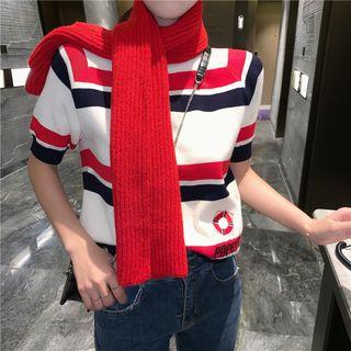 Embroidered Short-sleeve Striped Knit Top / Knit Scarf
