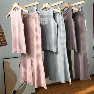 Set: Ribbed Knit Tank Top + Wide Leg Pants