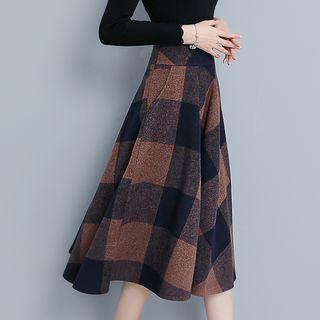 3/4-sleeve Wavy Edge Plaid Midi A-line Dress